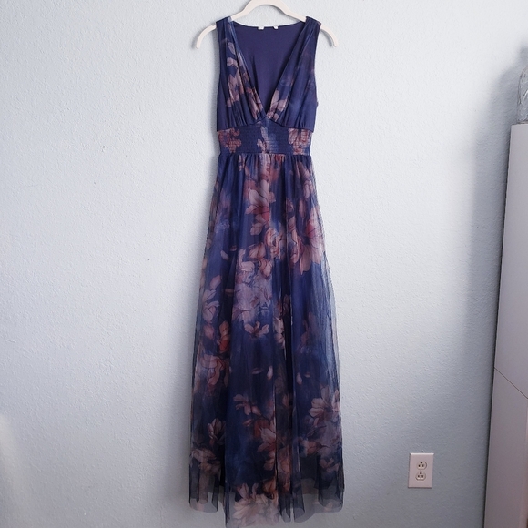 Baltic Born Kamila Dark Blue Floral Tulle  Sleeveless Maxi Dress - Picture 2 of 5